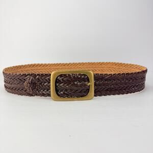 VTG Wide Brown Woven braided Leather Women's Belt medium Gold Rectangular Buckle